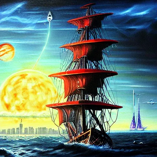 Prompt: a sailing ship off the shore of a beautiful coast with a distant ominous biopunk tower filled with evil technology glowing in the distance, evil biopunk tower, painting by John Berkley