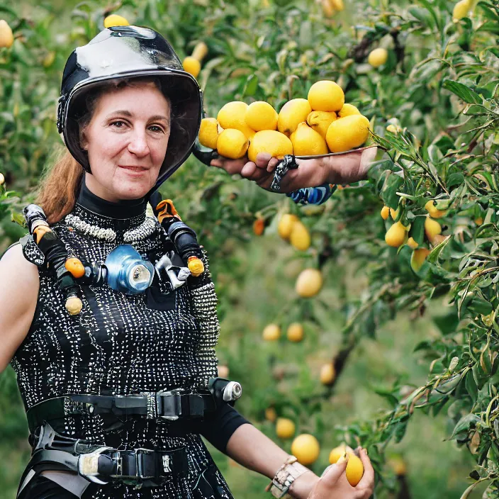 Prompt: a closeup portrait of a woman in a scuba helmet, wearing a dress made of beads, picking lemons in an orchard, color photograph, by vincent desiderio, canon eos c 3 0 0, ƒ 1. 8, 3 5 mm, 8 k, medium - format print