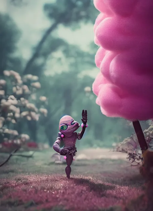 Image similar to fKrang standing with black jar, enchanted, magical, cotton candy trees, cinematic shot, intricate, ornate, photorealistic, ultra detailed, realistic, 100mm, photography, octane, high definition, depth of field, bokeh, 8k, behance, artstation