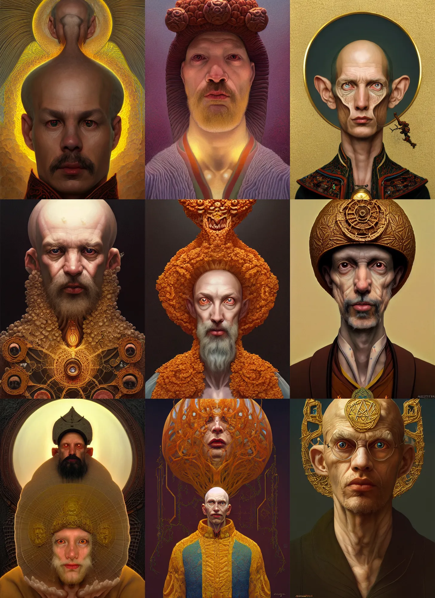 Prompt: symmetry!! rpg! portrait of a weird! fungus priest, intricate, highly detailed, digital painting, artstation, concept art, smooth, sharp focus, illustration, art by andrey remnev and yoann lossel and john currin and aaron jasinski and ivan albright and hsiao - ron cheng, 8 k