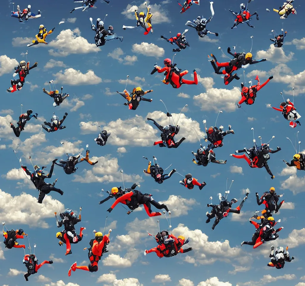 Image similar to many cats doing skydive from a big plane digital art, smooth, focus, highly detailed, hyper realistic