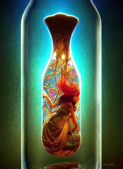 Prompt: magical staircase inside a glass bottle, stunning, beautiful, breathtaking, reflections, bio - luminescence, fantasy, hyper - realistic, unreal engine, pattern, fractal, highly detailed, deep focus, elegant, digital painting, smooth, sharp focus, illustration, ultra realistic, 8 k, art by artgerm and greg rutkowski and alphonse mucha