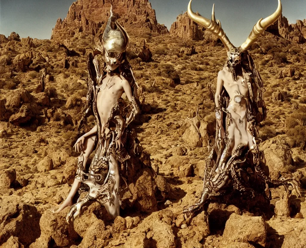 Image similar to portrait of salvador dali wearing a horned crown and costume with jewels in a dry rocky desert landscape, alien spaceship by giger, film still from the movie by alejandro jodorowsky with cinematogrophy of christopher doyle and art direction by hans giger, anamorphic lens, kodakchrome, very detailed photo, 8 k