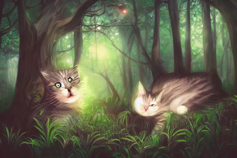 Image similar to cat in the forest, frontlighting, digital art, trending on artstation, fanart, by kawacy