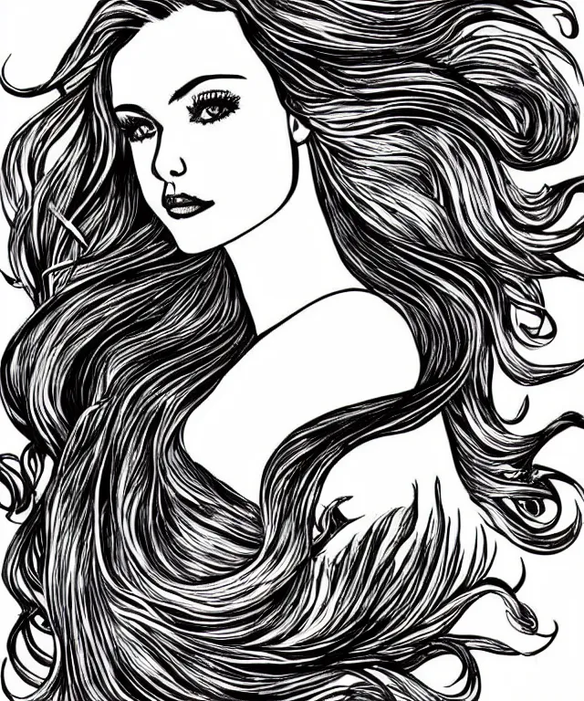 Image similar to black and white illustration, beautiful mermaid with flowing hair