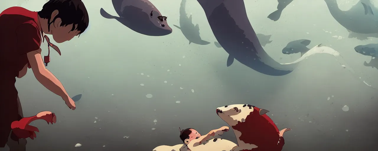 Image similar to piranhas devouring a baby harp seal, blood in the water, atey ghailan, goro fujita, studio ghibli, rim light, dark lighting, clear focus, very coherent