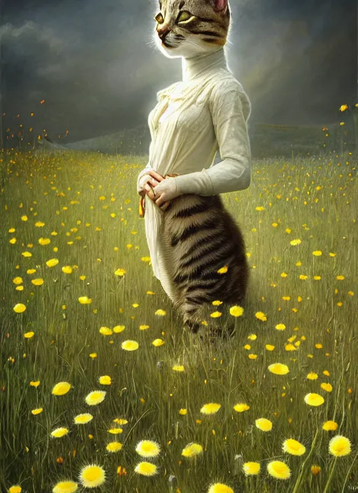 Image similar to the cat in the field from : dandelions, poppy and tulip, chamomile, hyperrealism, no blur, 4 k resolution, ultra detailed, style of ivan shishkin, tyler edlin, tom bagshaw, arthur rackham,