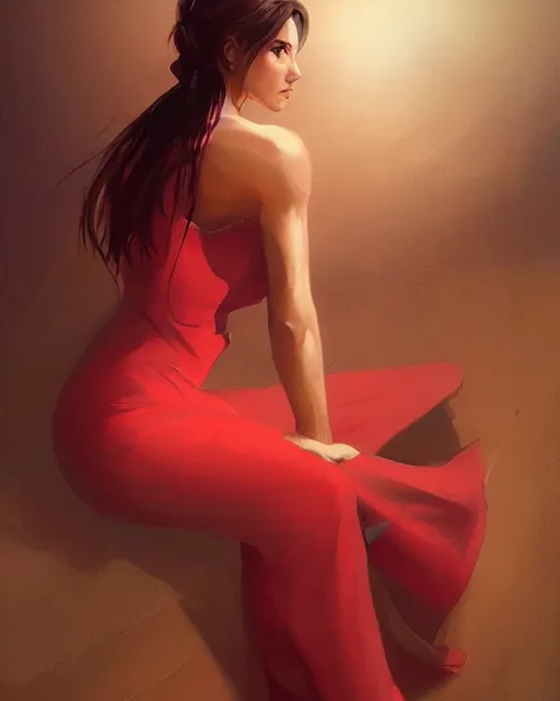 Prompt: elegant lara croft in a red evening dress, portrait, illustration, rim light, top light, summer clear blue sky, perfectly shaded, soft painting, art by krenz cushart and wenjun lin