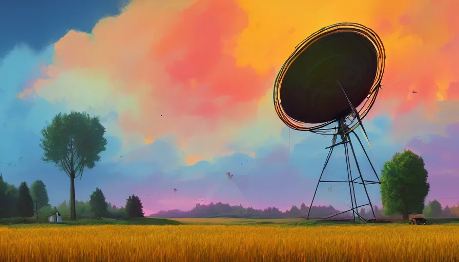 Image similar to colourful sky, wheat field, radio telescope, big trees, matte painting, art station, digital art, simon stalenhag