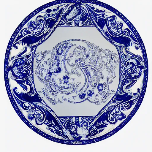 Image similar to A Shield: Clear white texture with artistically executed decorations of peonies foliated scrolls dragons and medallions in white reserve on an opaque mazarine blue ground. Capped with metal