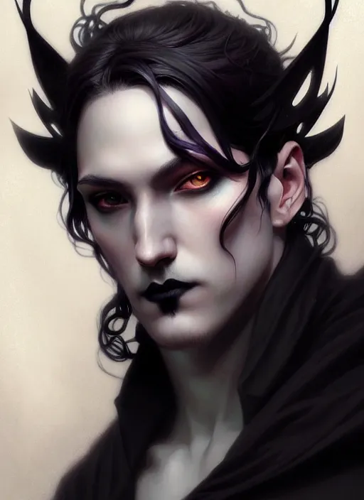 Image similar to beautiful goth ethereal male portrait, art nouveau, fantasy, intricate arcane wiccan designs, elegant, highly detailed, digital painting, artstation, concept art, matte, sharp focus, illustration, art by Artgerm and Greg Rutkowski and WLOP