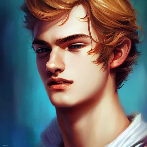 Image similar to colorful Captivating teenage boy with brown blond hair and facial structure like andrew garfield, brown eyes with red eye markers, slim body, wearing a detailed Japanese kimono with golden details, atmospheric lighting, painted, intricate, 4k, highly detailed by Charlie Bowater