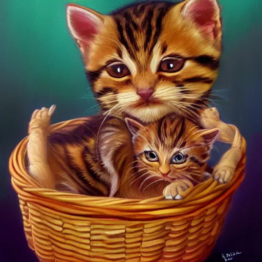 Prompt: portrait of a basket of kittens saint, trending on art station, 4k UHD, 8k, painting illustration, high detail by Greg Hildebrandt