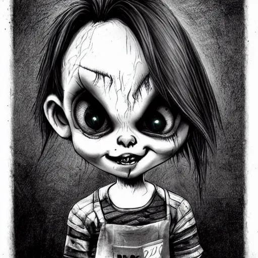 Image similar to grunge cartoon drawing of a cute chucky by - michael karcz , in the style of corpse bride, loony toons style, horror themed, detailed, elegant, intricate