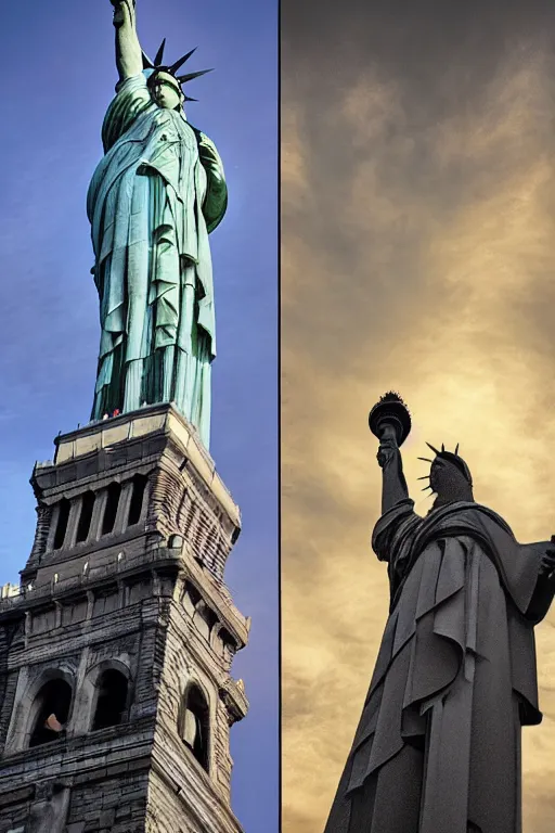 Prompt: ultra wide angle shot of an impossibly tall guillotine, next to the statue of liberty, surrealism, in the style of terry gilliam