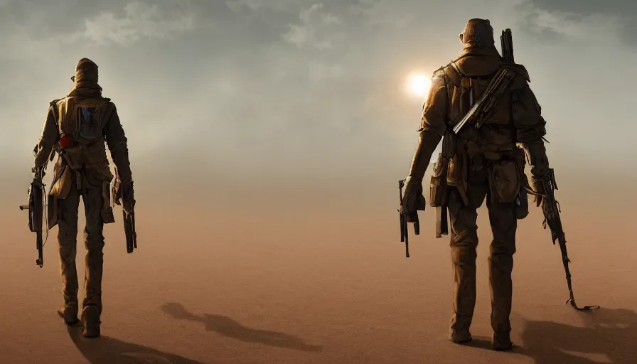 Image similar to Bounty hunter in trench coat walking alone towards the sun with his rifle on his shoulder in the desert, hyperdetailed, artstation, cgsociety, 8k