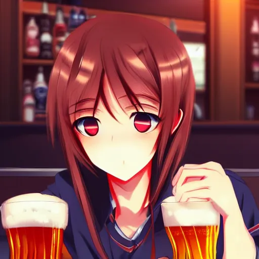 Image similar to Masculine looking anime girl at a bar drinking a beer, warm glow from the lights, angle that looks up at her from below, deviantart, pixiv, detailed face, smug appearance, beautiful anime, obviously drunk with reddish cheeks, detailed anime eyes