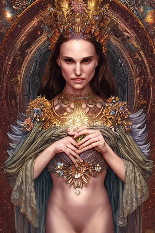 Image similar to Natalie Portman as a Goddess of the Universe, cute, fantasy, intricate, elegant, highly detailed, digital painting, 4k, HDR, concept art, smooth, sharp focus, illustration, art by artgerm and H R Giger and alphonse mucha