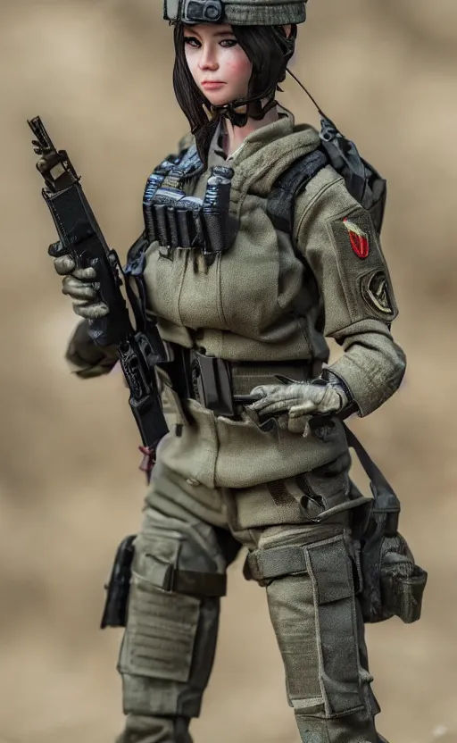 Image similar to portrait of the action figure of a female soldier, highly detailed, high resolution, toy, little armory style, collection product, stunning, girls frontline style, bokeh soft, 100mm, trending on instagram, by professional photographer, realistic human anatomy, realistic military carrier, modern warfare, realistic weapon, shot with a arriflex 35 ii, low saturation