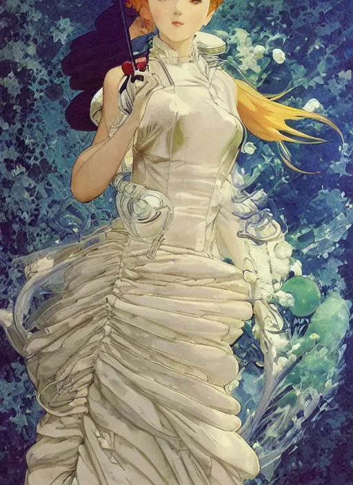 Image similar to a copic maker art nouveau portrait of an anime girl detailed features wearing a puffy futuristic weeding dress designed by balenciaga by john berkey, norman rockwell akihiko yoshida