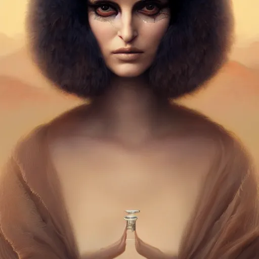 Image similar to tom bagshaw portrait, beautiful mix of natalie portman in desert robes, black hair, professionally retouched, focus eyes, ultra realistic soft painting, insanely detailed linework, symmetrical accurate intricate features, behance, 8 k