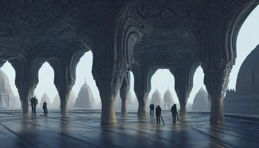 Image similar to the inside of a monument with indian motifs, by tim blandin and arthur haas and bruce pennington and john schoenherr, big windows architecture by zaha hadid, octane render, cinematic, scenery, cgsociety, modernism, futuristic, trending on artstation, sci - fi, high detail, high quality, close up angle, people walking