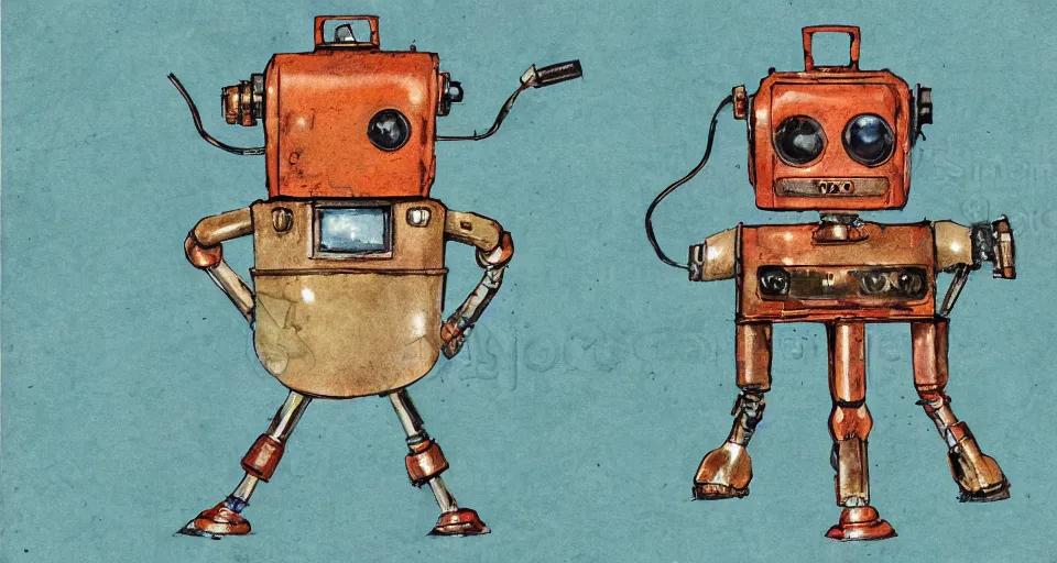 Image similar to a detailed illustration of a cute retro robot dog, alcohol inks on parchment, muted colors, detailed, textured parchment background, bosch, 1 9 5 0 s concept art