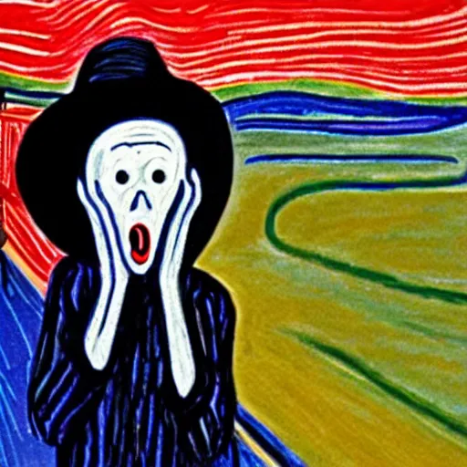 Image similar to the scream with a hat and raining on top of a hill