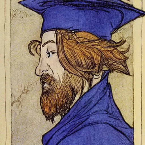 Prompt: A young wizard with blonde hair and blond beard wearing a blue robe and pointy hat, illustration by Arthur Rackham