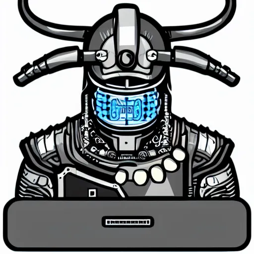 Image similar to cybernetic viking in front of computer, logo, vector art, cartoon illustration