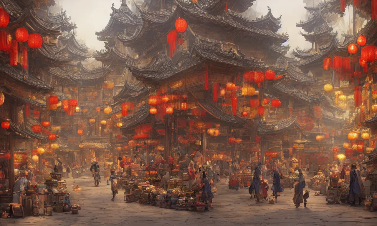 Prompt: an original game concept scene painting of an opulent marketplace street scene in chinese style ， super wide angle, magnificent and gorgeous atmosphere ， matte painting ， rtx on ， by moebius, neil blevins and jordan grimmer ， trending on cgsociety and artstation, unreal engine ， volumetric light ， surreal