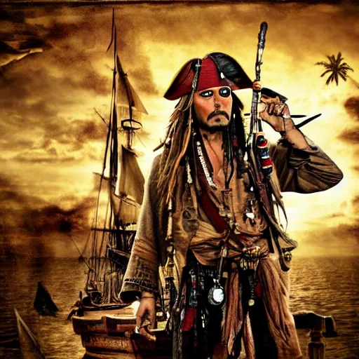 Prompt: jack sparrow drinks rum from bottle at his pirate ship, focus, 3 d illustration, sharp, intricate, poster, bottle of rum, pirate ship at background, photo, detailed photo, scene from pirates of caribbean