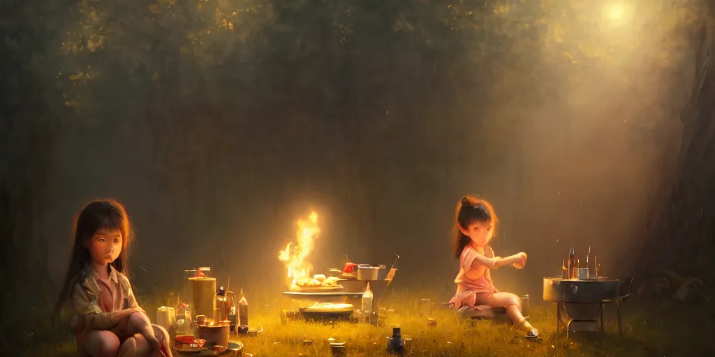 Image similar to big eyed brunette sweet little girl looking sad in front of barbecue near tent at camp, extremely detailed digital painting, in the style of fenghua zhong and ruan jia and jeremy lipking and peter mohrbacher, mystical colors, rim light, beautiful lighting, 8 k, stunning scene, raytracing, octane, trending on artstation