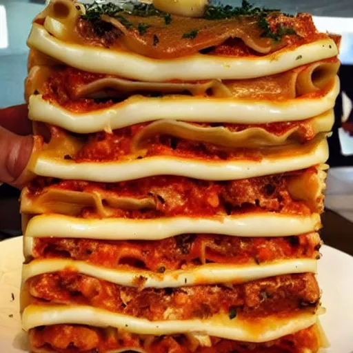 Image similar to a tower of lasagna to the sky