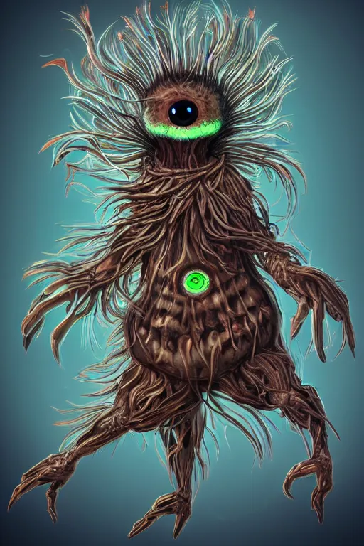 Prompt: a humanoid figure dandelion monster with large glowing eyes and 4 arms, highly detailed, digital art, sharp focus, trending on art station, artichoke, anime art style