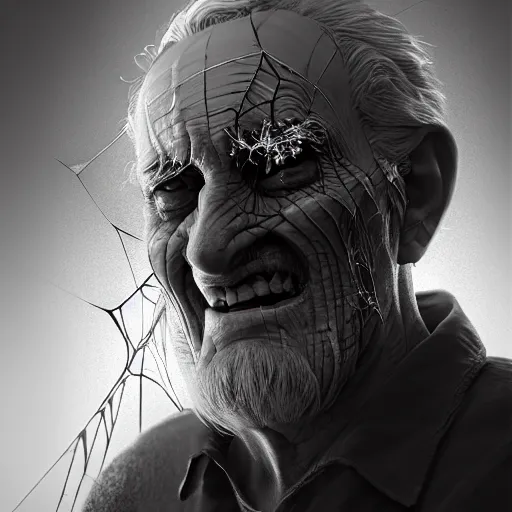 Image similar to an old man with thick thick thick cobwebs cobwebs cobwebs covering his entire face, cobwebs, spooky, atmosphere, detailed, realistic, unreal engine, cgsociety, by wlop and artgerm