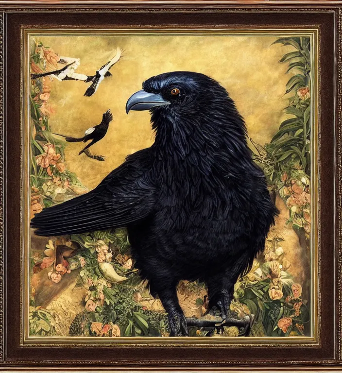 Image similar to a breathtakingly stunningly beautifully highly detailed animal portrait of a majestic raven, ornately framed, by rosetti and devinci and michael cheval and sidney cooper and turner, 4 k