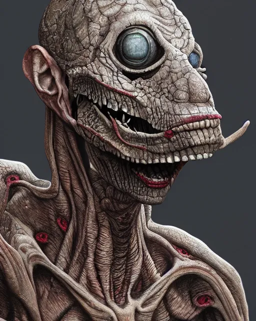 Prompt: Haunting horrifying hyperrealistic detailed painting of a tall slim reptile extraterrestrial creature made of concrete stone brick, covered in, heavy metal, disgusting, creepy, unsettling, and bloodshot eyeballs, hyper detailed, trending on Artstation