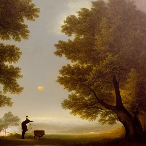 Image similar to an impressively euphoric 1 8 0 0 s romanticism - inspired oil painting depicting a man playing a piano underneath a foggy tree line at dawn inspired by liberty leading the people