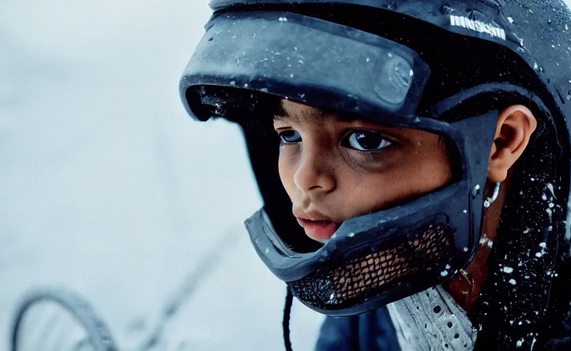 Prompt: cinestill 5 0 d candid photographic portrait by helen levitt of a mixed teen wearing rugged black mesh techwear riding on a dirtbike through an airport under siege, extreme closeup, modern cyberpunk moody emotional cinematic, snow storm, 8 k, hd, high resolution, 3 5 mm, f / 3 2, ultra realistic faces, ex machina