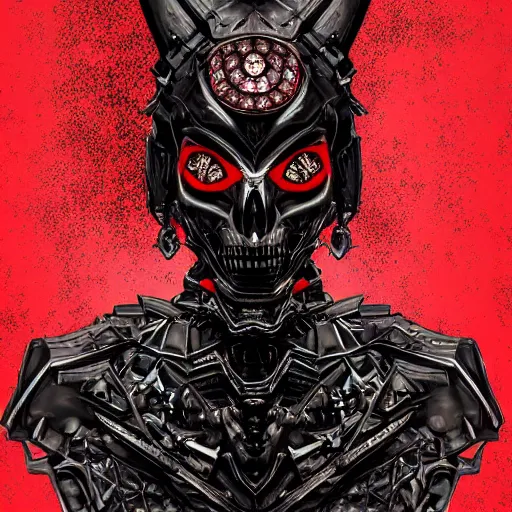 Prompt: a dark matter schizophrenia sphare limbo digital art angry portrait demon in iron armor with diamonds sits on the black throne of death and looks with red eyes into the darkness against the background of a bright red sun