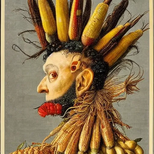 Image similar to giuseppe arcimboldo, trump, corn hair