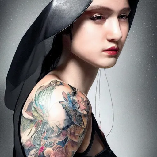 Image similar to A masterpiece portrait of a Incredibly beautiful queer girl with piercing and tatoo in black leather nun hat. Incredible light. light night, artstation Masterpiece. Angel. Angel wings. medium shot, intricate, elegant, highly detailed. trending on artstation, digital art, by Stanley Artgerm Lau, WLOP, Rossdraws, James Jean, Andrei Riabovitchev, Marc Simonetti, Yoshitaka Amano. background by James Jean and Gustav Klimt, light by Julie Bell, 4k, porcelain skin. Octane render. epic dark fantasy. Highly detailed digital painting. By greg rutkowski