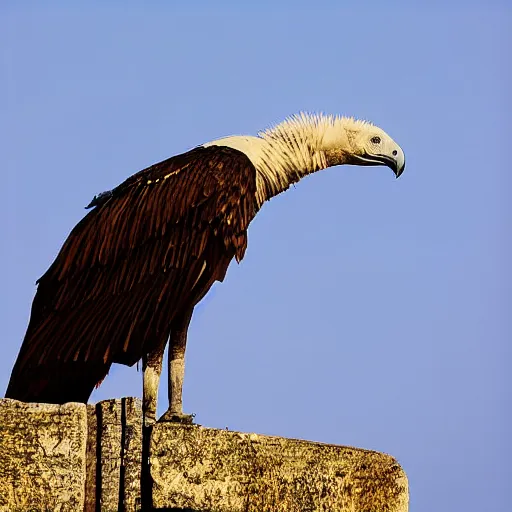 Prompt: a vulture made of stone, perched on a windmill, 8 mm, award winning photograph