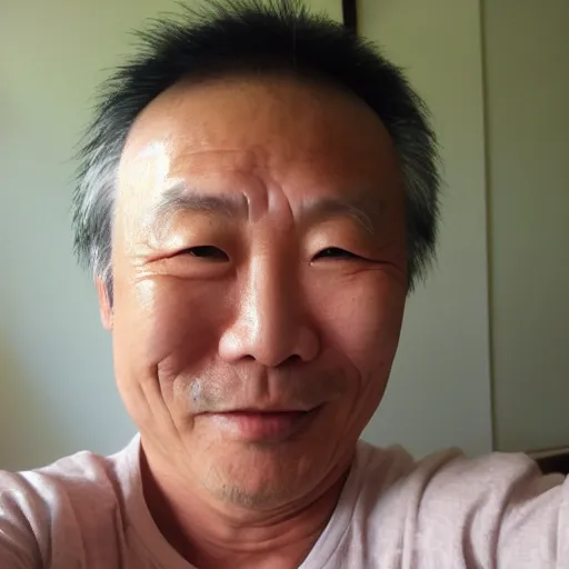 Image similar to my Japenese dad accidentally taking a selfie with the front camera, smiling, squinting his eyes because the camera flash is so bright in his face