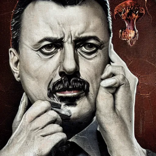 Image similar to Portrait of Igor Ivanovich Strelkov while he is calling for war mobilization, photo-realistic, fullcolor, 2K, highly detailed, bodyhorror by H.R.Giger, tends to have fractal structure