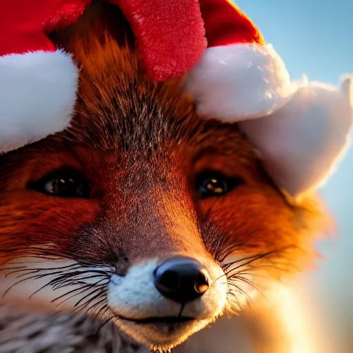 Prompt: a close up, studio colour photograph of a fox wearing a santa hat, dramatic backlighting at golden hour, wide angle 15mm lens, silly cartoon