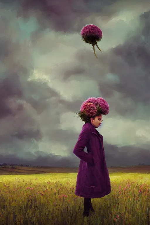 Image similar to portrait, enormous thistle flower under head, a girl in a coat in field, surreal photography, wind, cloudy sky, dramatic light, impressionist painting, digital painting, artstation, simon stalenhag