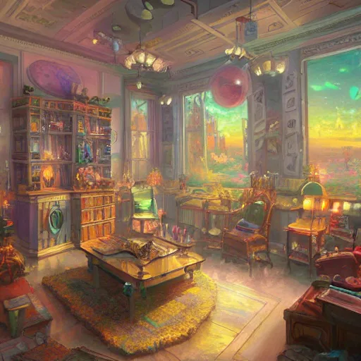 Prompt: a fancy painting of a room filled with riches, science fiction, colorful palette, very detailed, trending on artstationhd, masterpiece, thomas kinkade