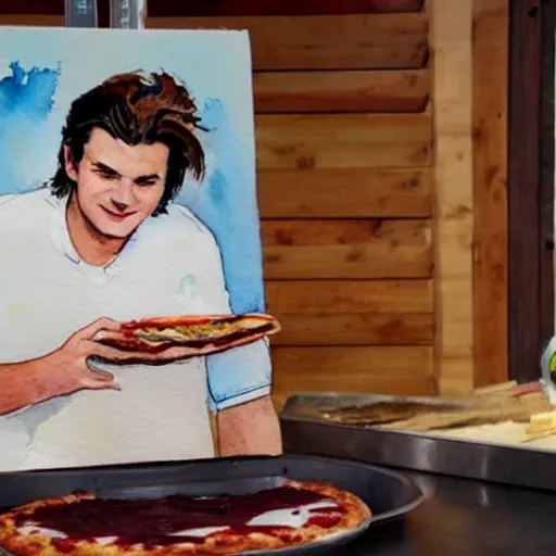 Prompt: a watercolor painting of Joe Keery making a pizza, ultra realistic